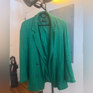 Zara Emerald  Womens XS Tweed  Textured Oversized Double Breasted Blazer Preppy